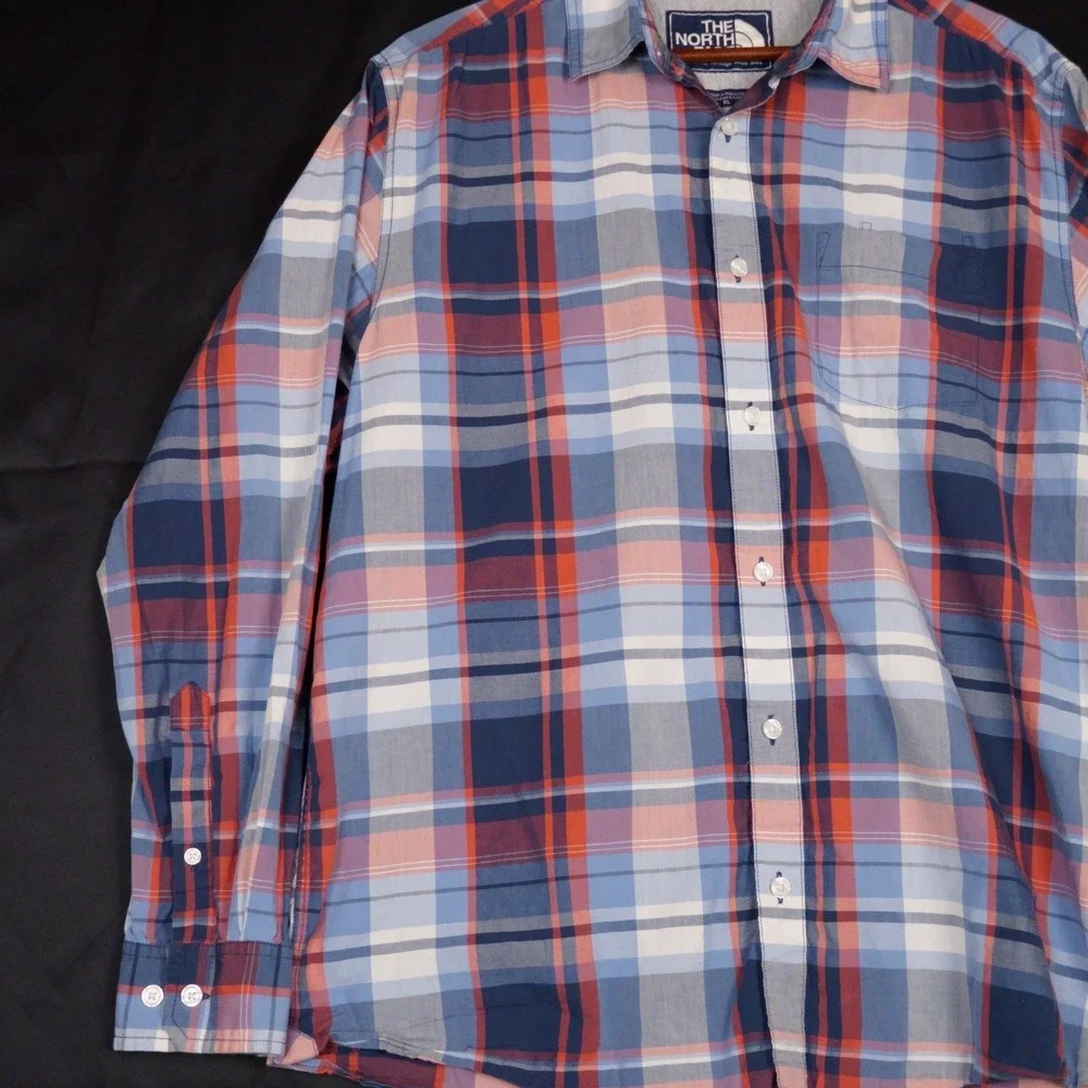 The North Face Button Down Shirt Mens XL Blue Orange Plaid Outdoor Cotton Blend